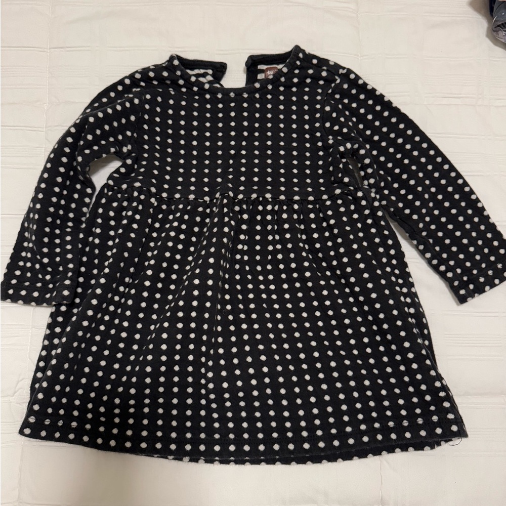 Tea Collection Black and White Polkadot Pleated Long Sleeve Dress